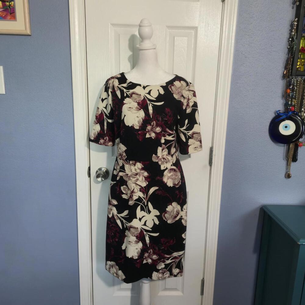 NWOT Liz Claiborne Women 6 Black Floral Print Sheath Dress Office Work Dress